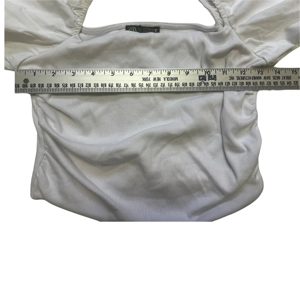 ZARA White Puff Sleeve‎ Top L | Ribbed Square Neck Blouse Romantic Cottagecore